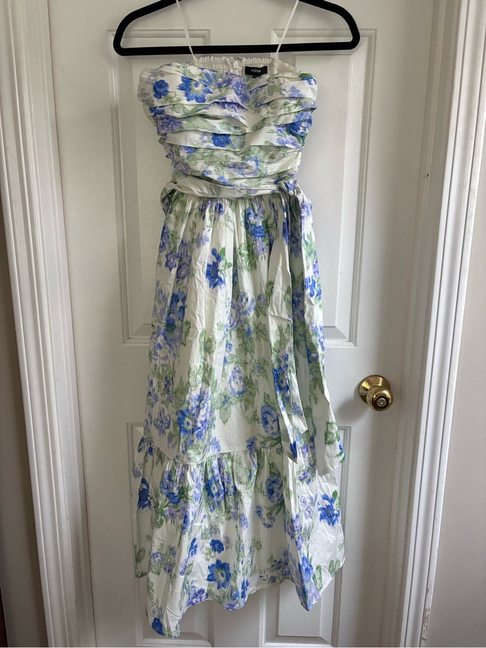 Aqua Strapless Floral Midi Dress in White, Blue, and Green
